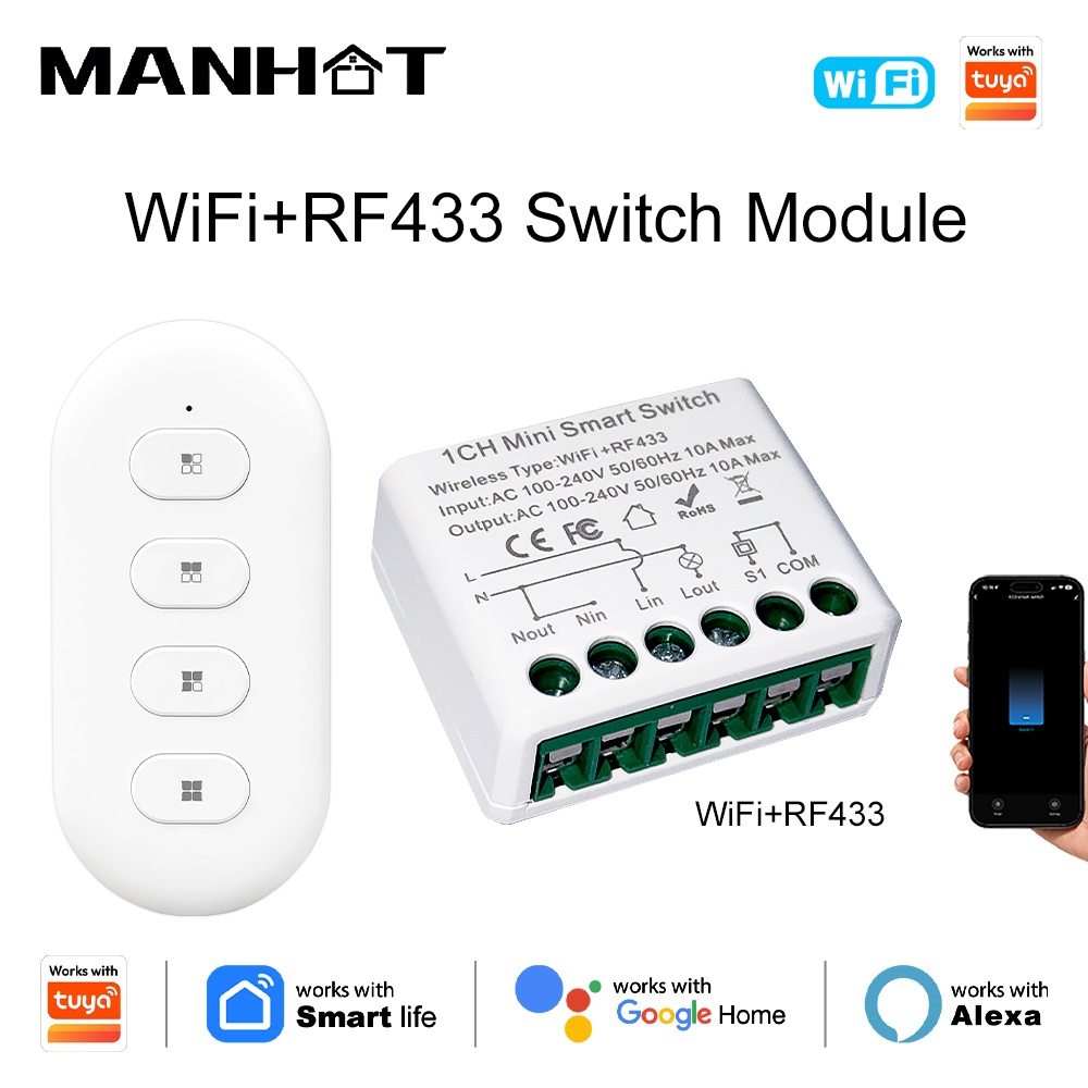 Tuya WIFI 10Aスマートライトスイッチ RF433 - Diy Home Automation Controller のレビューと価格